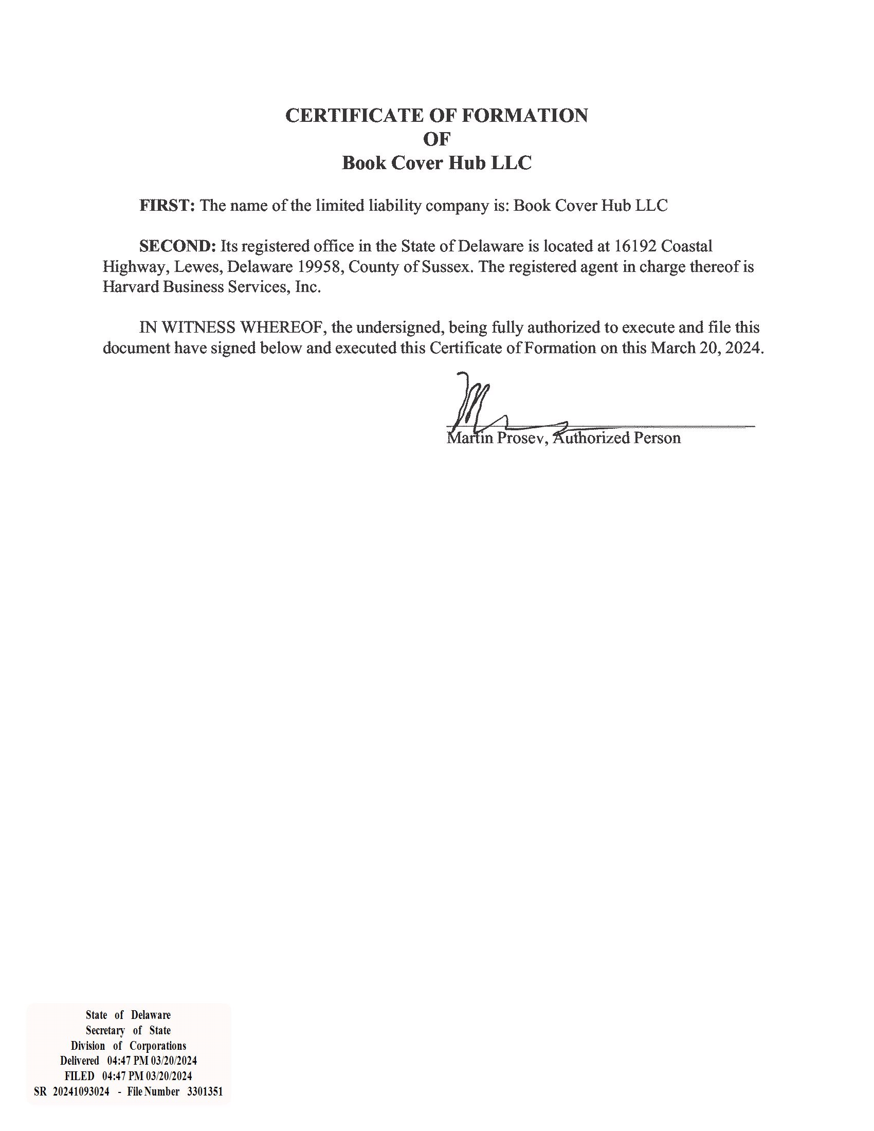 Document of incorporation of Book Cover Hub LLC