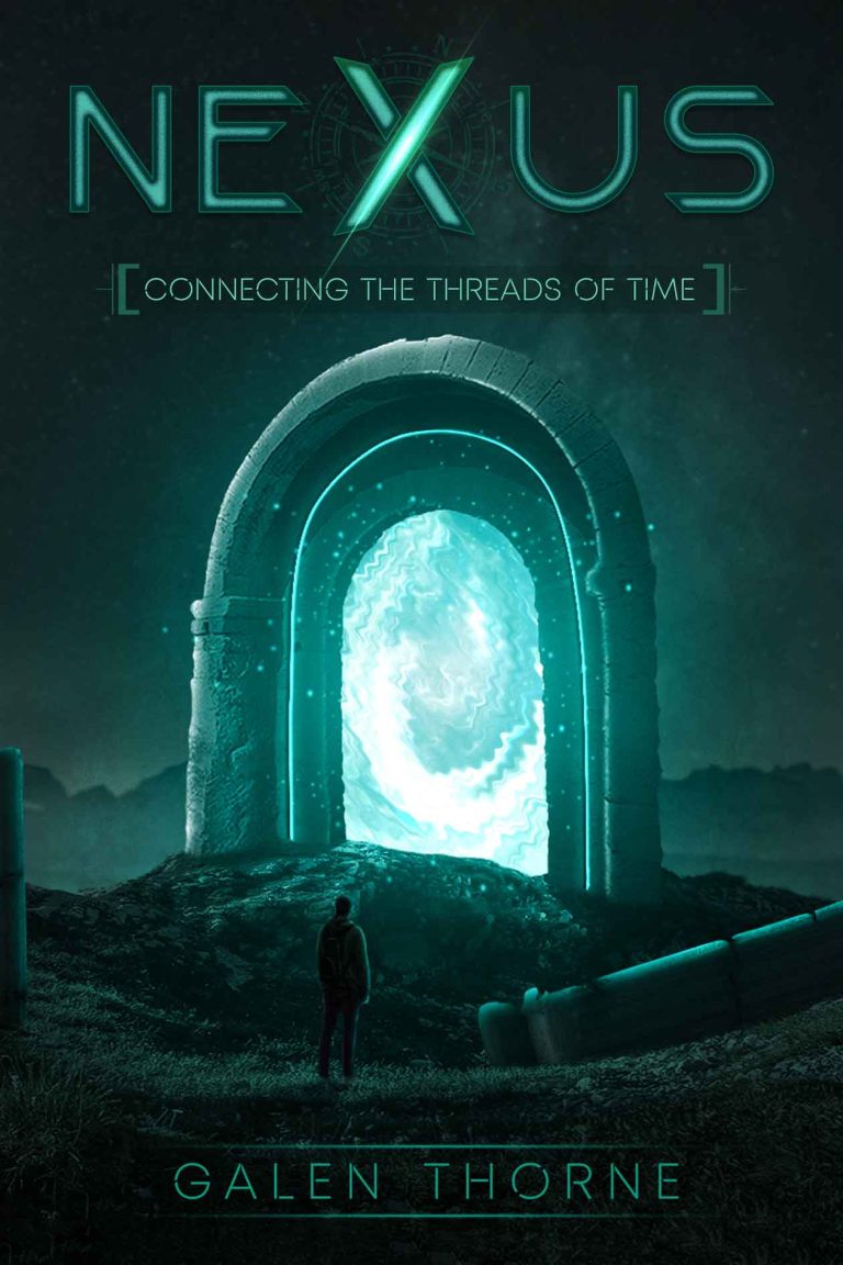An image of a fantasy book cover design showing a person standing in front of a time travel gate called Nexus