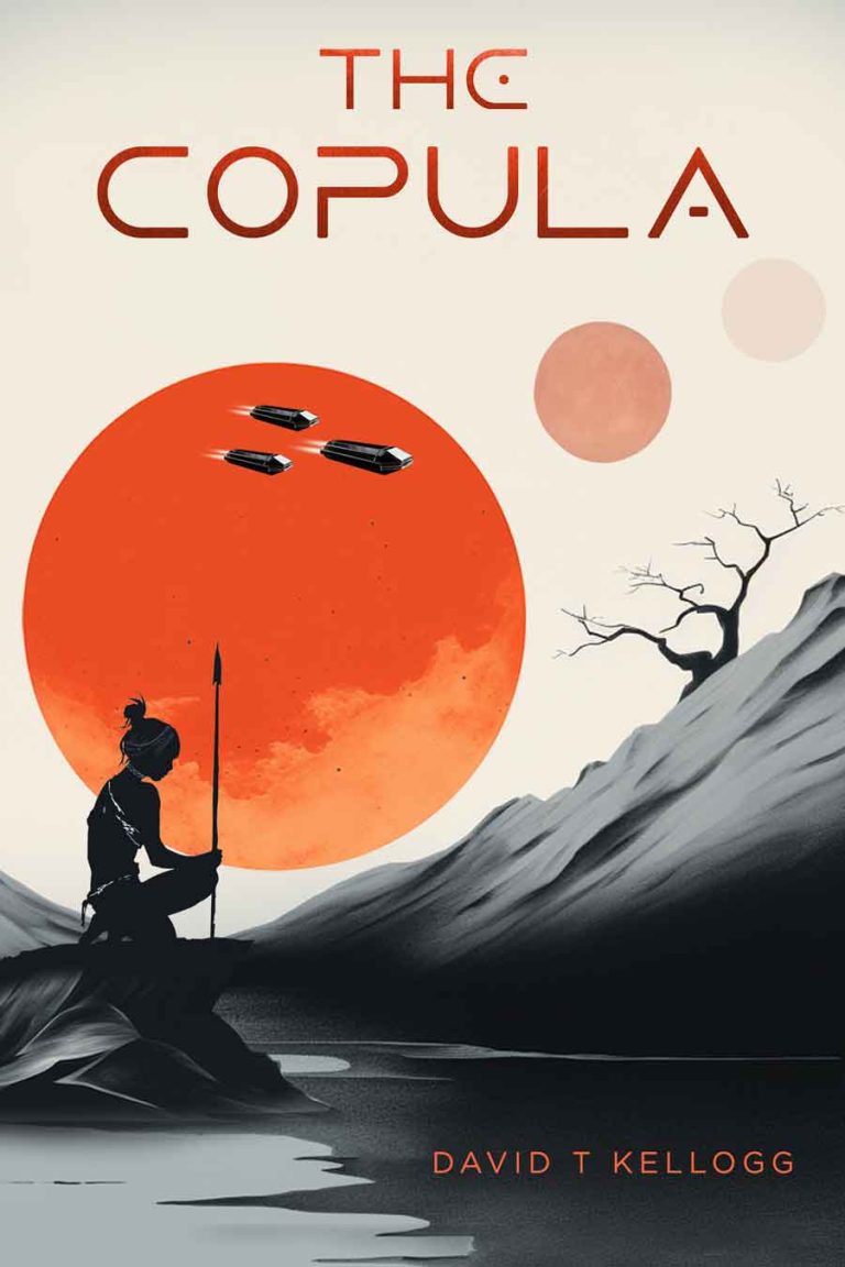 An Image of science fiction book cover including spaceship, a girl with spear and sun