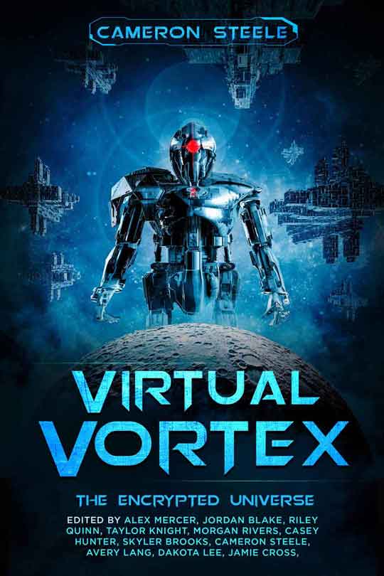 An image of a science fiction book cover showing a robot and a spaceship in space