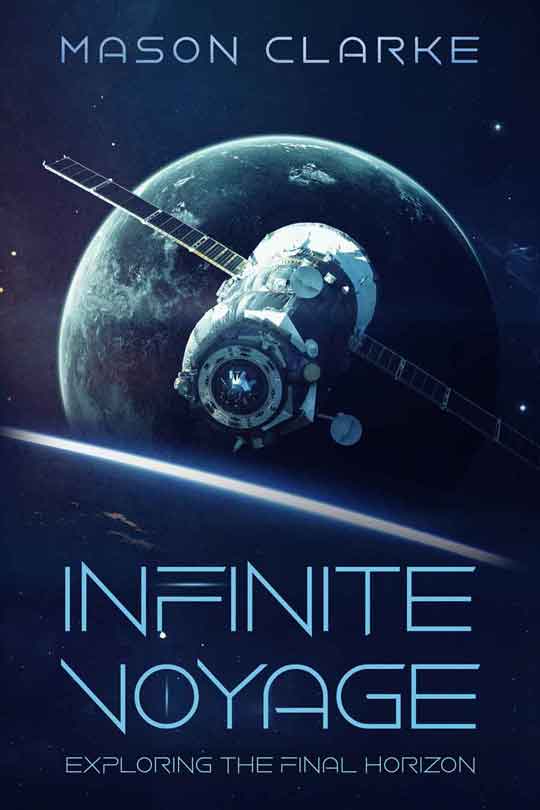 An image of a science fiction book cover showing a journey of a spaceship from Earth to space