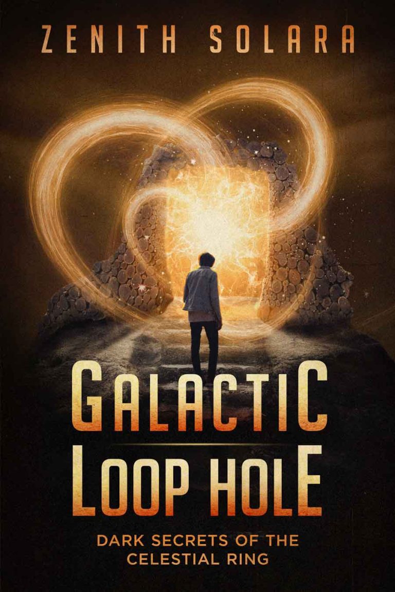 An image of a science fiction book cover showing a human standing in front of a time travel loop hole