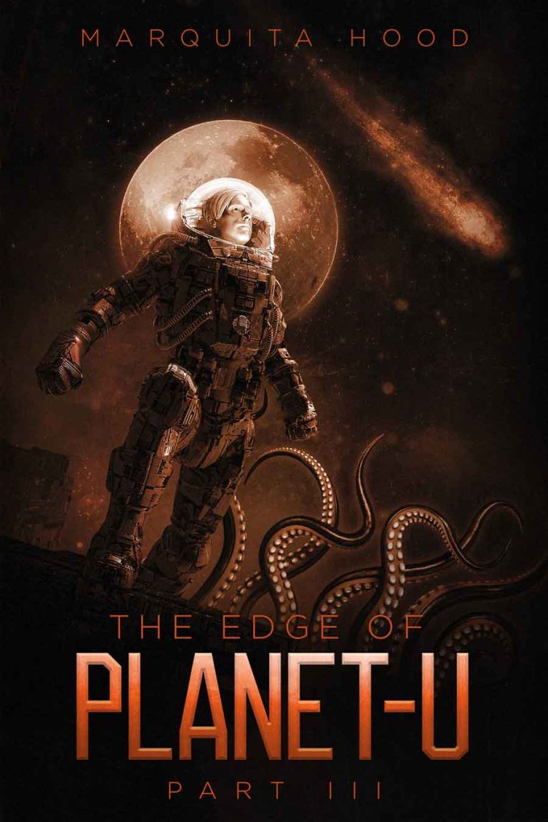An image of a science fiction book cover showing a human in a spacesuit and an alien in space.