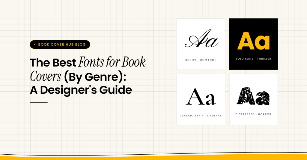 The letters "Aa" in four typefaces: script for romance, bold sans for thriller, classic serif for literary and distressed display for horror.