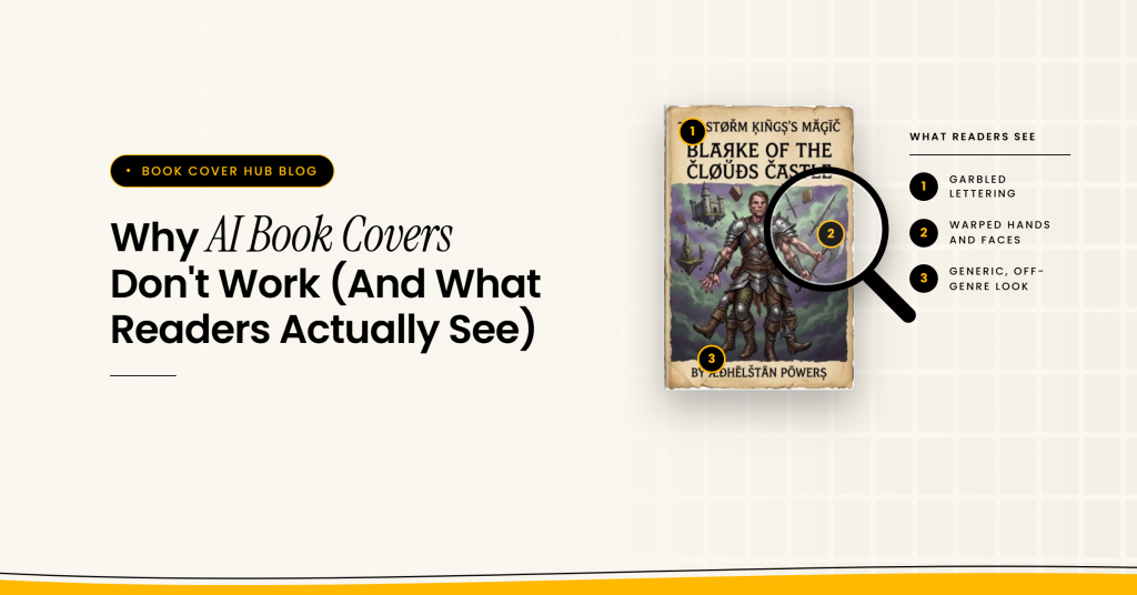 A magnifying glass over an AI-generated fantasy book cover, with numbered callouts for garbled lettering, warped hands and faces, and a generic off-genre look.